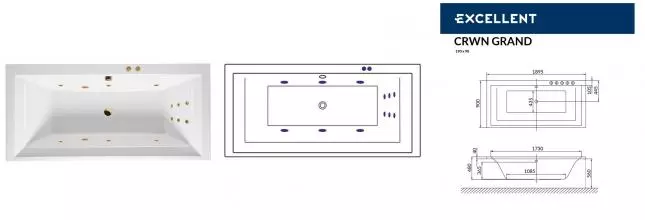 Гидромассажная ванна акриловая «Excellent» Crown Grand 190/90 Line с каркасом с сифоном белая/золото