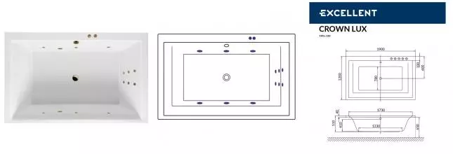 Гидромассажная ванна акриловая «Excellent» Crown Lux 190/120 Line с каркасом с сифоном белая/бронза