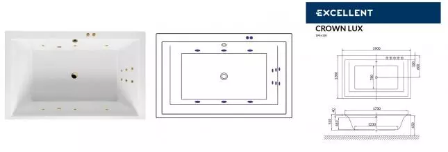 Гидромассажная ванна акриловая «Excellent» Crown Lux 190/120 Line с каркасом с сифоном белая/золото