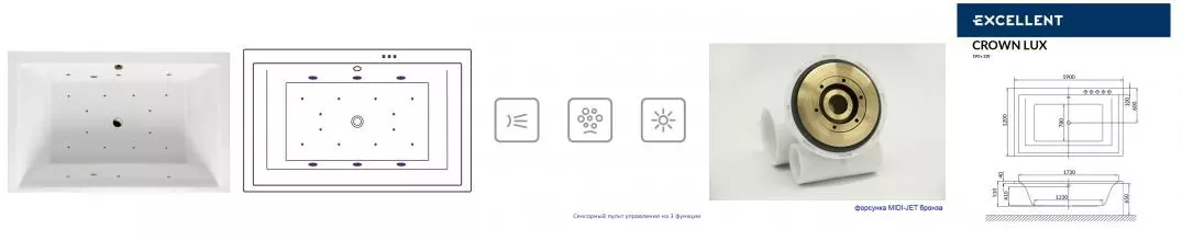 Гидромассажная ванна акриловая «Excellent» Crown Lux 190/120 Relax с каркасом с сифоном белая/бронза Гидромассажная ванна акриловая «Excellent» Crown Lux 190/120 Relax с каркасом с сифоном белая/бронза