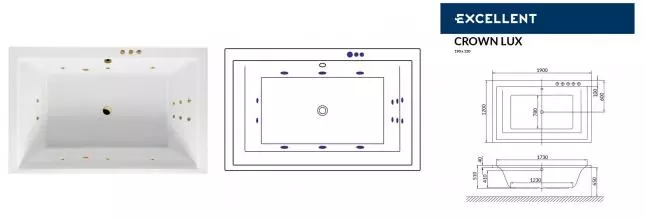 Гидромассажная ванна акриловая «Excellent» Crown Lux 190/120 Smart с каркасом с сифоном белая/золото