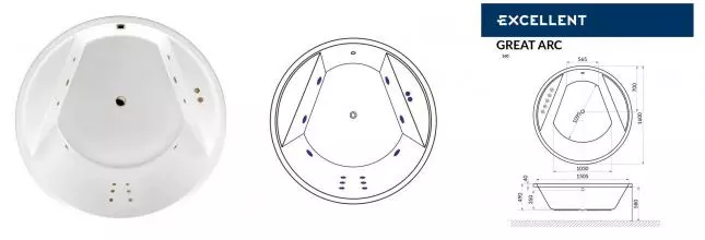 Гидромассажная ванна акриловая «Excellent» Great Arc 160/160 Line с каркасом с сифоном белая/бронза