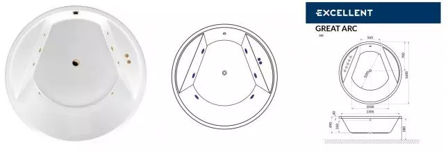 Гидромассажная ванна акриловая «Excellent» Great Arc 160/160 Soft с каркасом с сифоном белая/золото
