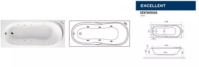 Гидромассажная ванна акриловая «Excellent» Sekwana 170/75 Soft с каркасом с сифоном белая/золото