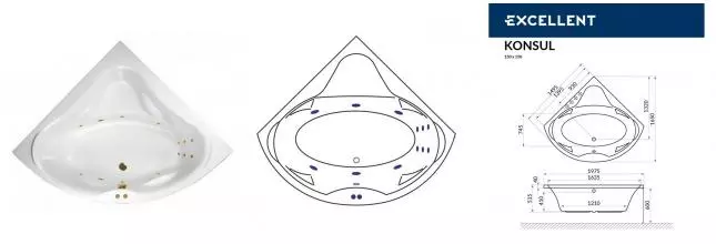 Гидромассажная ванна акриловая «Excellent» Konsul 150/150 Line с каркасом с сифоном белая/золото