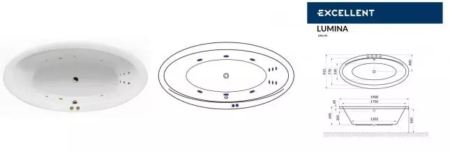 Гидромассажная ванна акриловая «Excellent» Lumina 190/95 Line с каркасом с сифоном белая/бронза