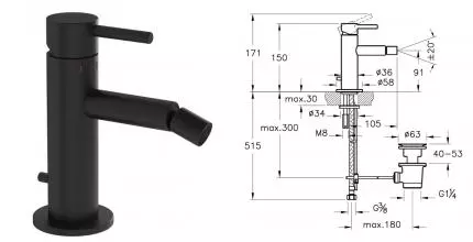 Смеситель для биде «Vitra» Origin A4255936 с донным клапаном чёрный матовый