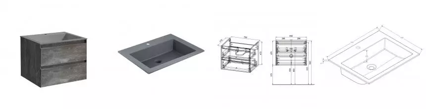 Тумба с раковиной «Vincea» Luka 60 с 2 ящиками (VCB-13600G серая) подвесная G.Stone Тумба с раковиной «Vincea» Luka 60 с 2 ящиками (VCB-13600G серая) подвесная G.Stone