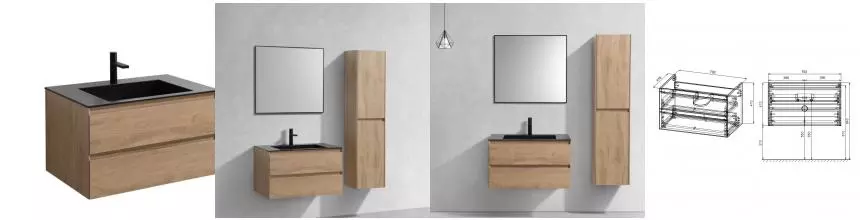 Тумба с раковиной «Vincea» Luka 80 с 2 ящиками (VCB-13800B чёрная) подвесная N.Oak