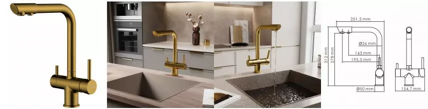 Смеситель для кухни с подключением к фильтру «WasserKRAFT» A8387 матовое золото Смеситель для кухни с подключением к фильтру «WasserKRAFT» A8387 матовое золото