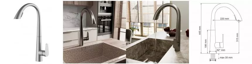 Смеситель для кухонной мойки «WasserKRAFT» A8617 с выдвижным изливом матовый хром Смеситель для кухонной мойки «WasserKRAFT» A8617 с выдвижным изливом матовый хром