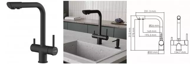 Смеситель для кухни с подключением к фильтру «WasserKRAFT» A8367 чёрный матовый Смеситель для кухни с подключением к фильтру «WasserKRAFT» A8367 чёрный матовый