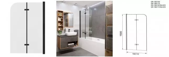 Шторка на ванну стеклянная «Grossman» GR-106/110BLACK 110/150 прозрачная/чёрная универсальная Шторка на ванну стеклянная «Grossman» GR-106/110BLACK 110/150 прозрачная/чёрная универсальная