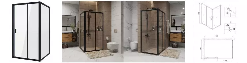 Душевой угол-ограждение «Niagara» Nova NG-82-13АВ-А70В 130/70 прямоугольный прозрачный/чёрный без поддона универсальный