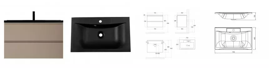 Тумба с раковиной «Art&Max» Bianchi 75 (Am-lav 75 чёрная матовая) подвесная капучино матовый