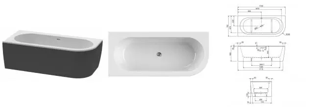 Ванна акриловая «Cezares» Slim Corner 180/80 с ножками с сифоном белая/чёрная левая