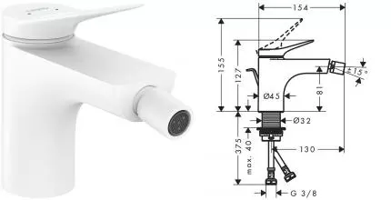Смеситель для биде «Hansgrohe» Vivenis 75200700 с донным клапаном белый матовый Смеситель для биде «Hansgrohe» Vivenis 75200700 с донным клапаном белый матовый