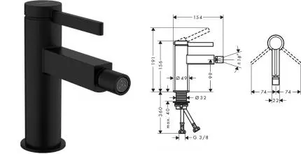 Смеситель для биде «Hansgrohe» Finoris 76200670 с донным клапаном чёрный матовый