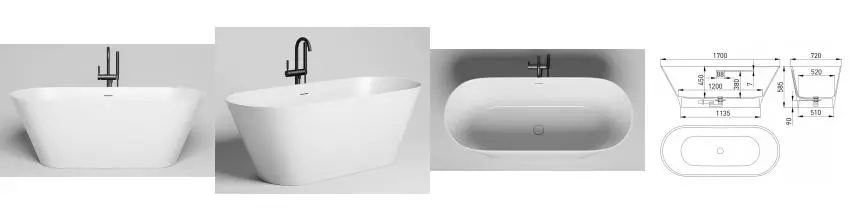 Ванна из литьевого мрамора «Salini» Mona 170/72 с сифоном белая матовая
