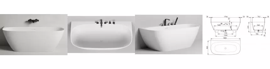 Ванна из литьевого мрамора «Salini» Sofia Wall 180/85 S-sense с сифоном белая глянцевая