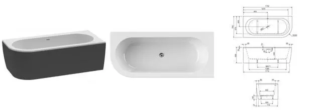 Ванна акриловая «Cezares» Slim Corner 180/80 с ножками с сифоном белая/чёрная правая