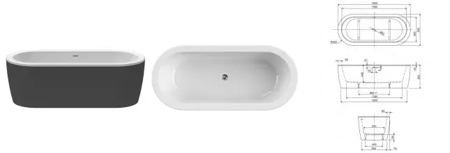 Ванна акриловая «Cezares» Slim Central 180/80 с ножками с сифоном белая/чёрная Ванна акриловая «Cezares» Slim Central 180/80 с ножками с сифоном белая/чёрная