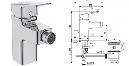 Смеситель для биде «Ideal Standard» Ceraplan BD248AA с донным клапаном хром