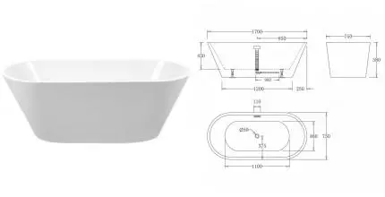 Ванна акриловая «Belbagno» BB61-1700-W0 170/75 без перелива с ножками с сифоном белая