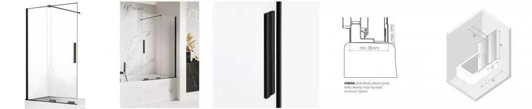 Шторка на ванну стеклянная «New Trendy» Smart Black 130/150 прозрачная/чёрная универсальная