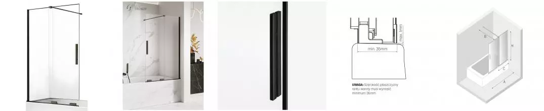 Шторка на ванну стеклянная «New Trendy» Smart Black 140/150 прозрачная/чёрная универсальная