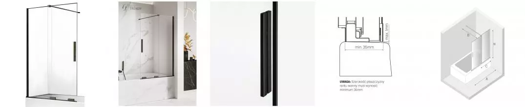 Шторка на ванну стеклянная «New Trendy» Smart Black 150/150 прозрачная/чёрная