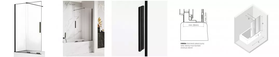 Шторка на ванну стеклянная «New Trendy» Smart Black 160/150 прозрачная/чёрная универсальная