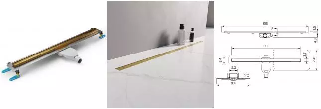 Душевой лоток «New Trendy» Visio Slim 100 см. OL-0085 боковой выпуск брашированное золото Душевой лоток «New Trendy» Visio Slim 100 см. OL-0085 боковой выпуск брашированное золото
