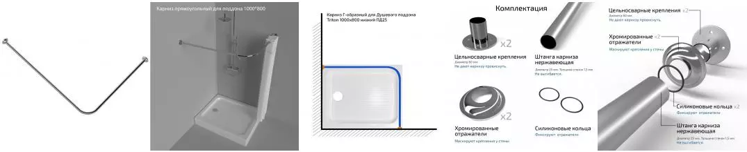 Карниз для поддона «Triton» прямоугольный 100/80 на стену хром