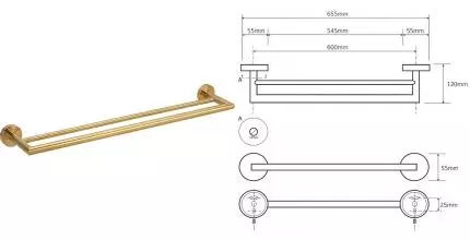 Полотенцедержатель двойной «Bemeta» Sablo 160204052 на стену матовое золото