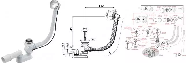 Сифон для ванны слив-перелив «AlcaPlast» AG210125160 (аналог A55K-RU-01) перелив 60 см хром полуавтомат