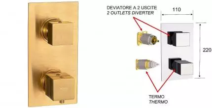 Внешняя часть смесителя «Remer» Qubica Thermo QT92KBBG на 2 выхода брашированное золото