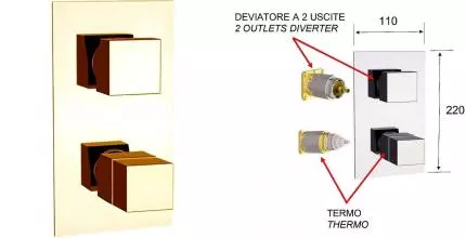 Внешняя часть смесителя «Remer» Qubica Thermo QT92KBDO на 2 выхода золото