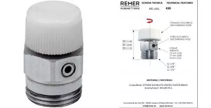 Кран воздухоотводчик «Remer» RR430 1/4" Маевского НР хром