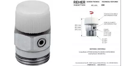 Кран воздухоотводчик «Remer» RR430 3/8" Маевского НР хром