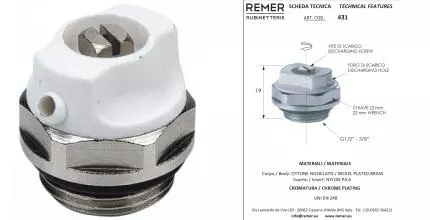 Кран воздухоотводчик «Remer» RR431 1/2" Маевского НР белый Кран воздухоотводчик «Remer» RR431 1/2" Маевского НР белый