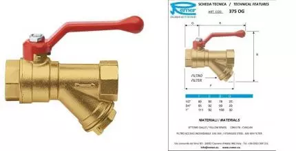 Кран шаровой магистральный «Remer» RR 375 OG 3/4"-3/4" с фильтром ВР-ВР латунь
