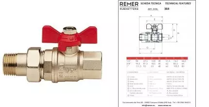 Кран шаровой магистральный «Remer» RR 364 1/2"-1/2" прямая ВР-НР (американка) никель
