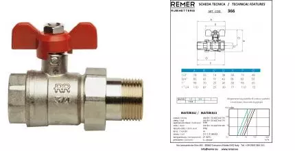 Кран шаровой магистральный «Remer» RR 366 3/4"-3/4" прямая ВР-НР (американка) никель