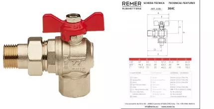 Кран шаровой магистральный «Remer» RR 364C 1/2"-1/2"угловая ВР-НР (американка) никель