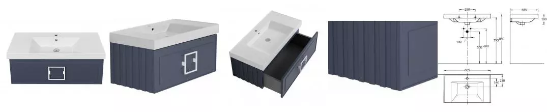 Тумба с раковиной «La Fenice» Cubo 80 (Cubo 80) подвесная Blu Grigio ручки Bianco