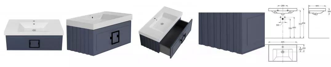 Тумба с раковиной «La Fenice» Cubo 80 (Cubo 80) подвесная Blu Grigio ручки Nero