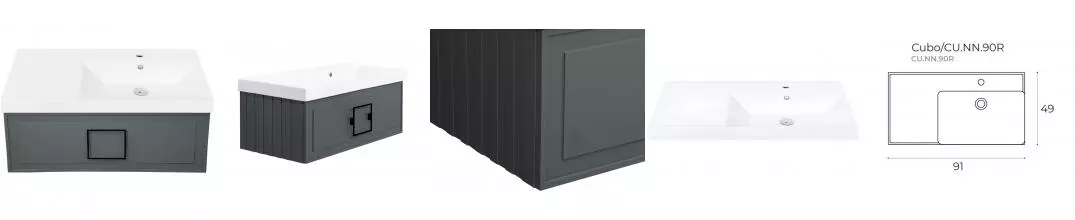 Тумба с раковиной «La Fenice» Cubo 90 (Cubo 90 правая) подвесная Grigio ручки Nero