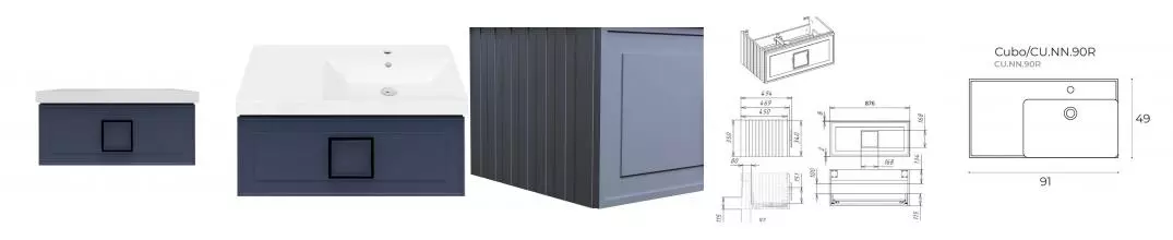 Тумба с раковиной «La Fenice» Cubo 90 (Cubo 90 правая) подвесная Blu Grigio ручки Nero