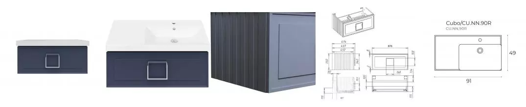 Тумба с раковиной «La Fenice» Cubo 90 (Cubo 90 правая) подвесная Blu Grigio ручки Cromo